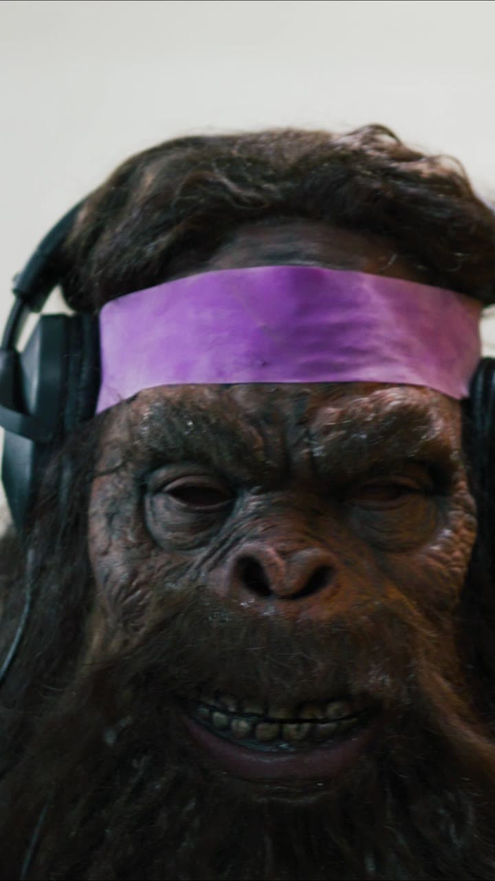 Bigfoot in a purple headband and headphones at the gym